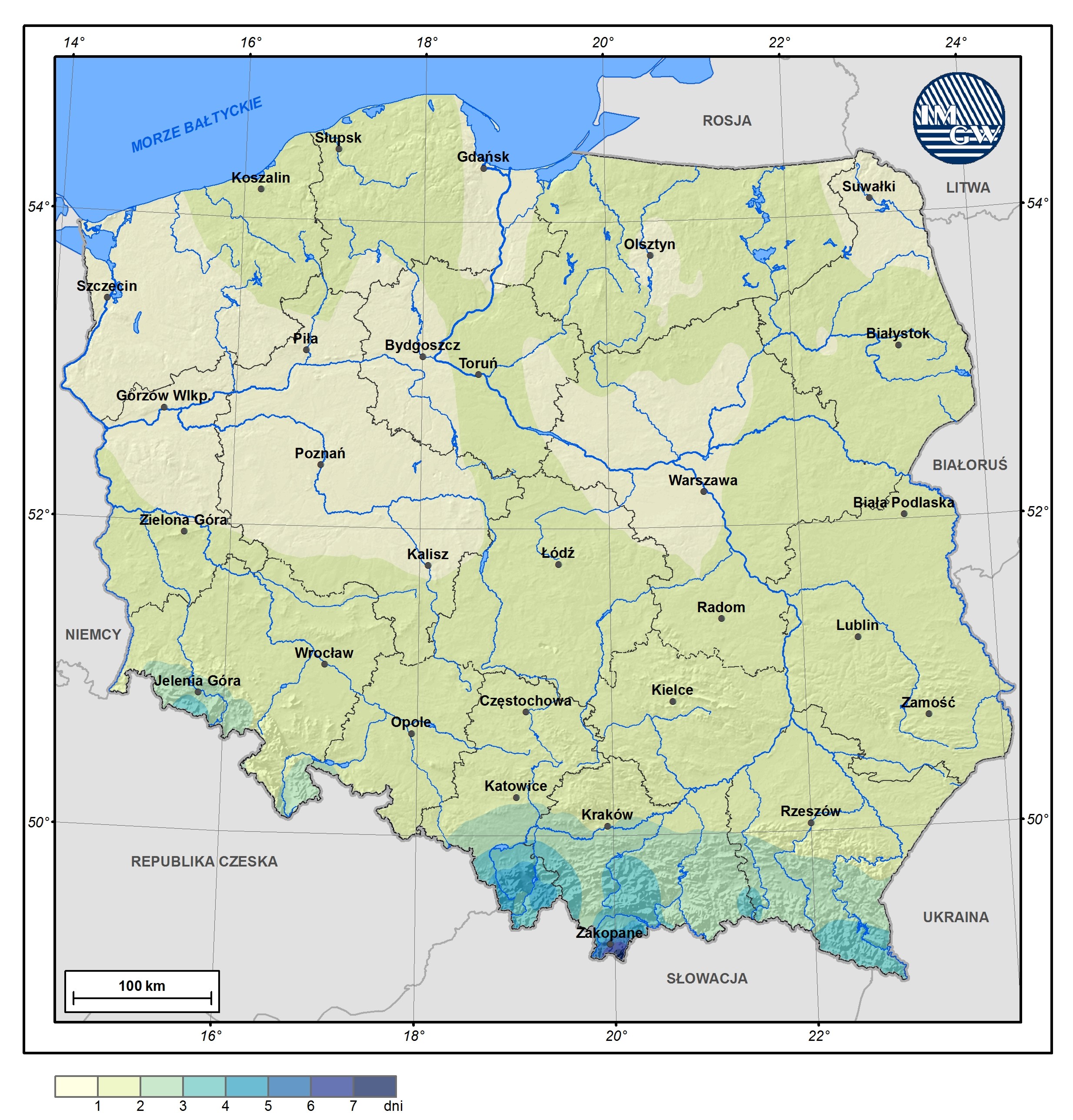 Średnia roczna liczba dni z opadem o sumie dobowej powyżej 30 mm w Polsce