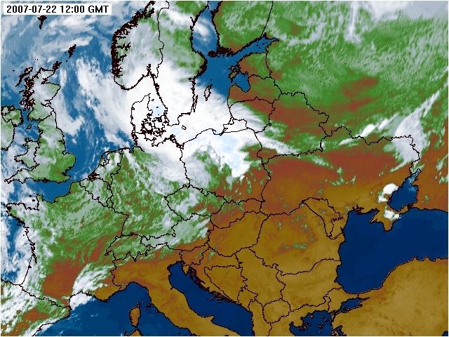 Zdjęcie satelitarne Europy Środkowej (pasmo podczerwieni) z dnia 22.07.2007 godz. 12 UTC