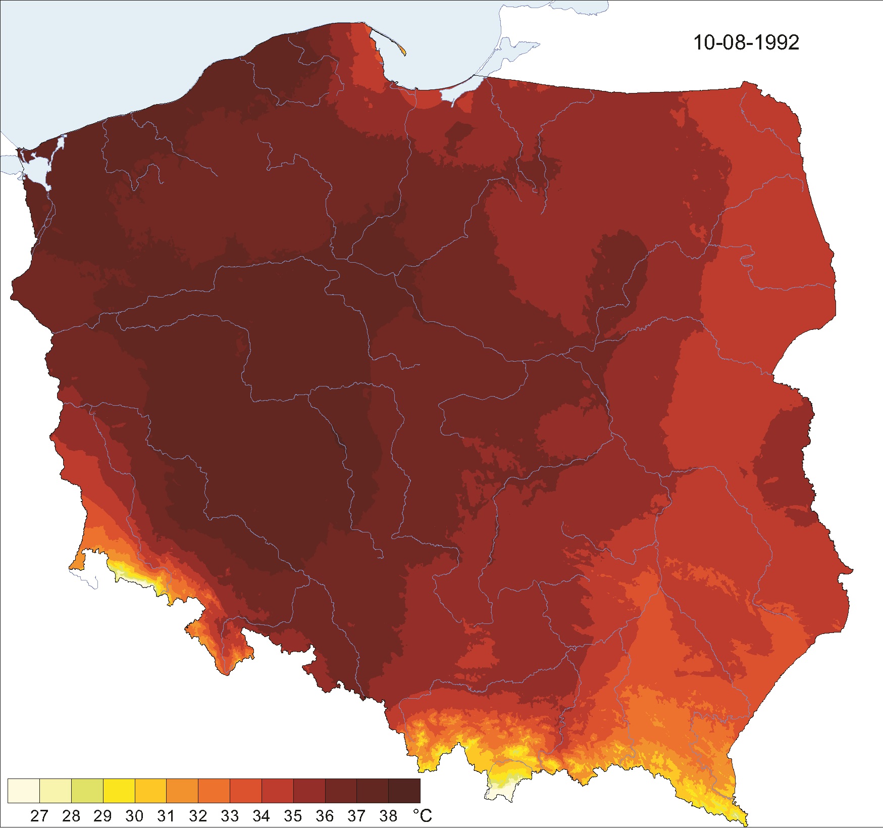 emperatura maksymalna powietrza w Polsce 10 sierpnia 1992 roku